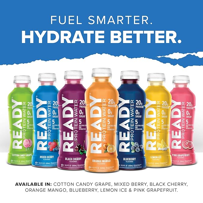 Ready® Protein Water ??20g Whey Protein Isolate, Zero Sugar, Low-Calorie Sports Drink for Hydration & Recovery ??Electrolytes, Essential Amino Acids ??Blueberry, 16.9 fl oz Bottles (12-Pack)