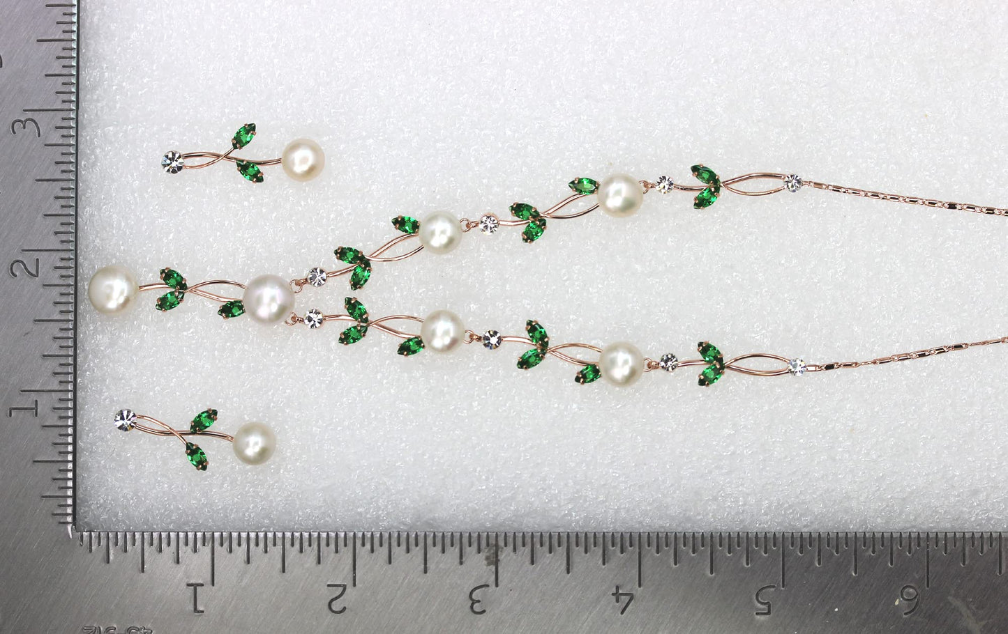 Faship Gorgeous Green CZ Crystal Genuine Freshwater Pearls Floral Necklace Earrings Set - Green/Rose Gold Plated