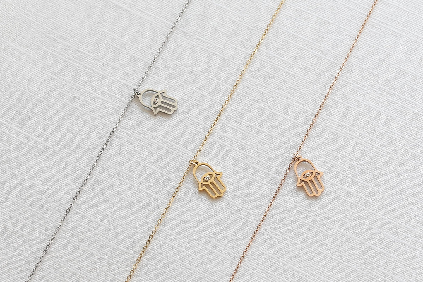 LUUK LIFESTYLE Stainless steel filigree necklace with hand pendant Fatima | Hamsa and HAPPINESS gift card, lucky charm with oriental symbol, feminine jewel from the southern countries, rose gold