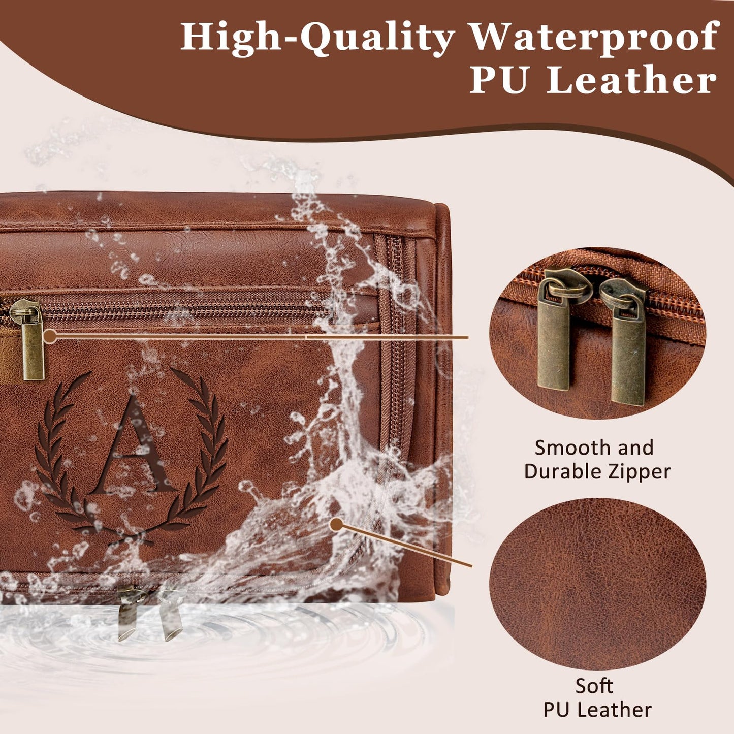 Aganmi Personalized Gifts Travel Toiletry Bag for Men Him, Laser-Engraved Initial Waterproof PU Leather Shaving Bag Fathers Day Birthday Gift for Men Dad Husband Boyfriend Son Reddish Brown M