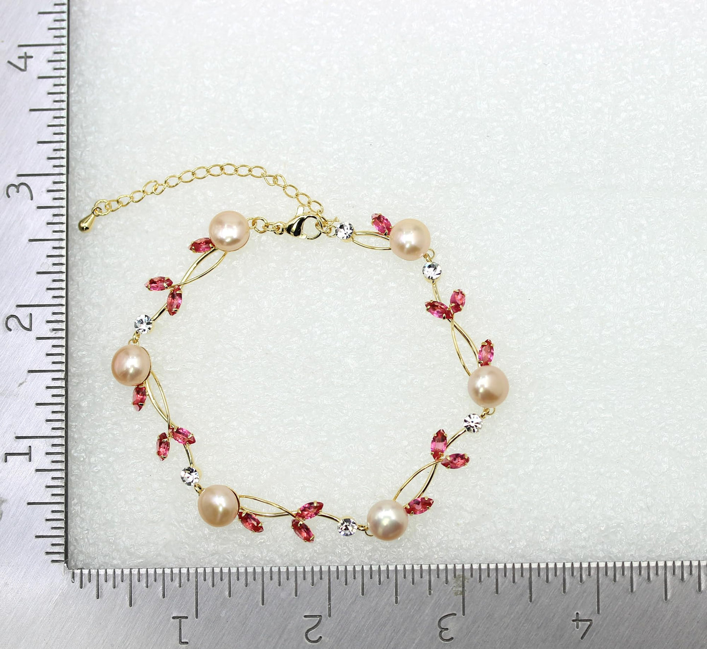 Faship Pink CZ Crystal Genuine Freshwater Pearls Floral Bracelet 7.5" - 9.5" - Rose/Gold-Plated/Matching Bracelet