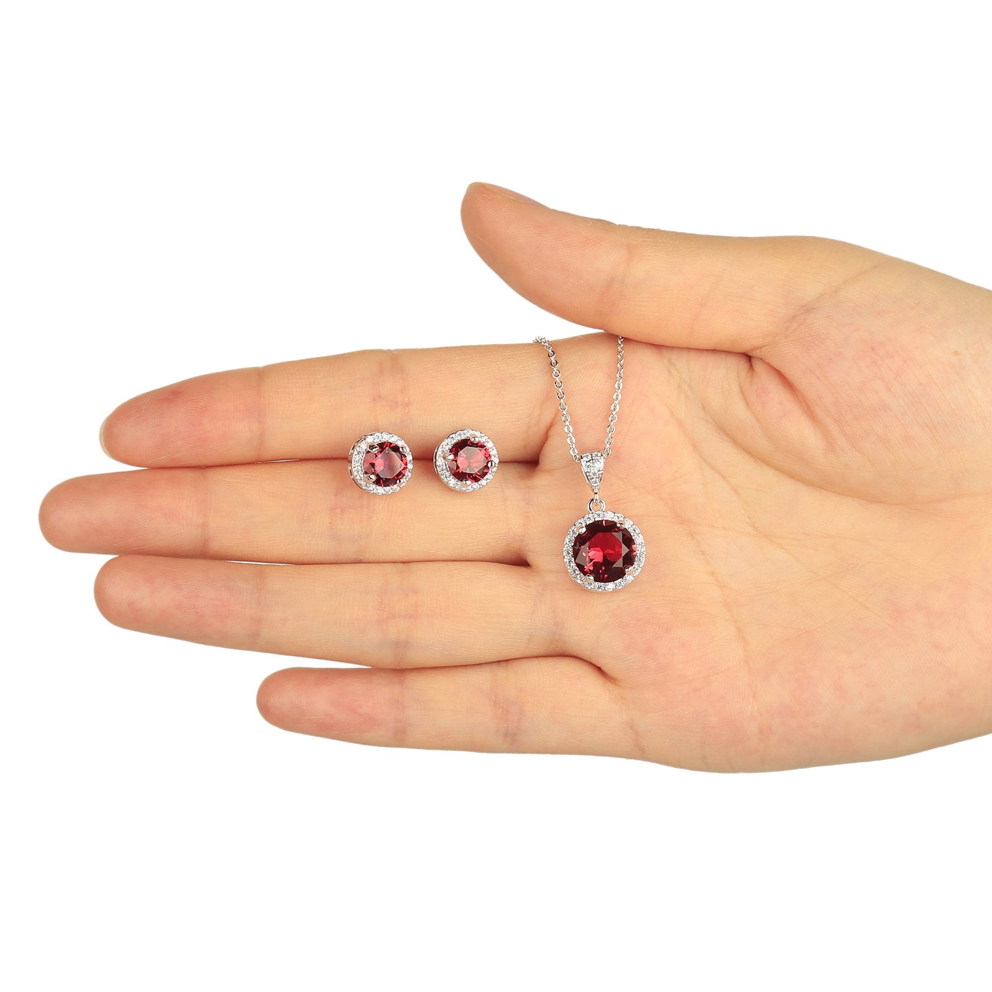 Crystal Jewelry Set for Women Elegant Sterling Silver Round Red Cubic Zirconia Rhinestone Necklace Halo Stud Earrings Set Wedding Party Ruby Birthstone Fashion Jewelry Set Birthday jewelry Accessories