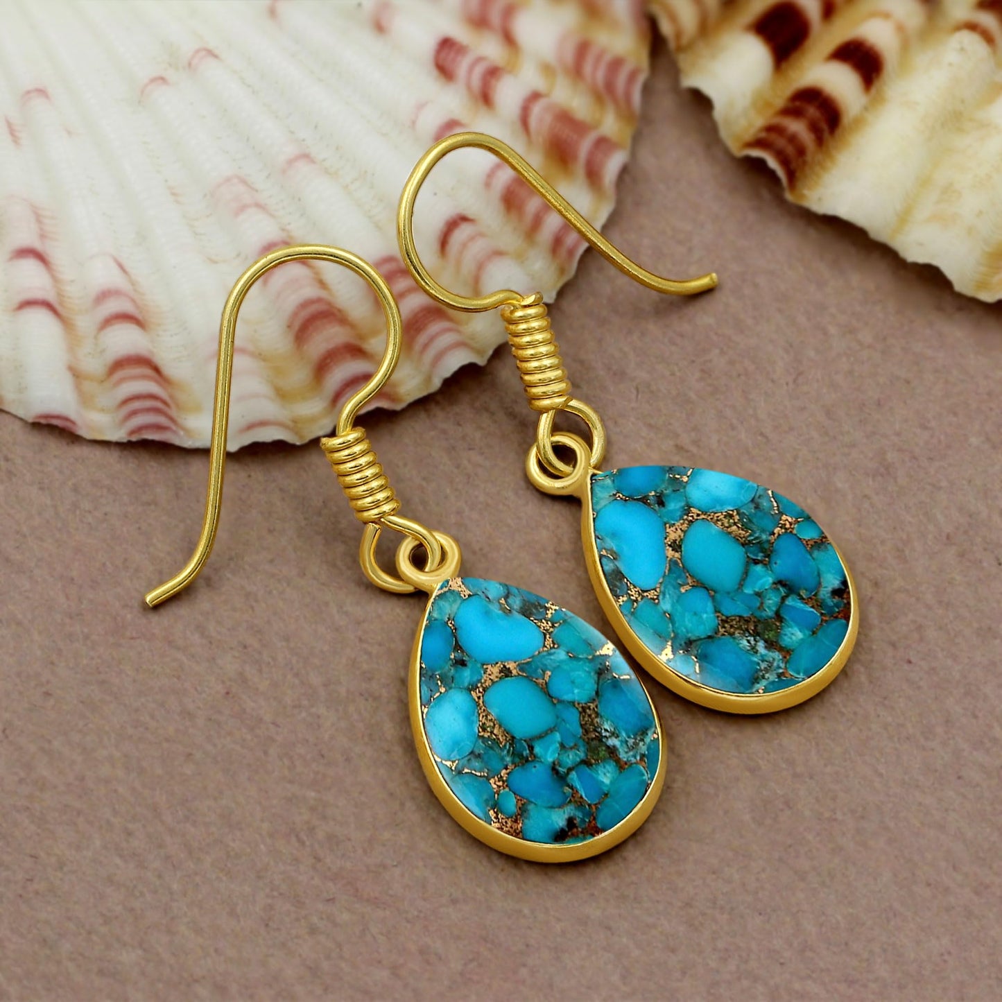 Natural Blue Copper Turquoise Pear Shape Dangle Earrings for Women - 14K Yellow Gold Plated December Birthstone Blue Gemstone Earrings - Handmade Jewelry Gifts for Her