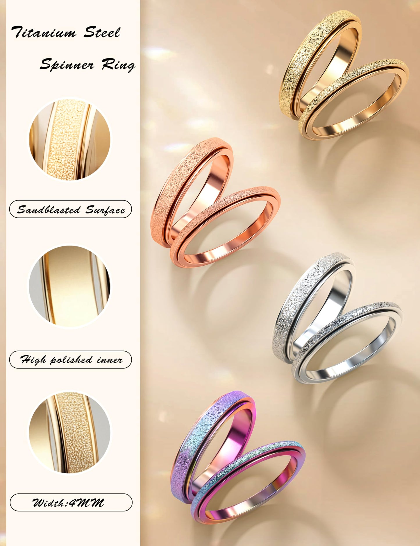 Diamday Fidget Rings for Women Men - 4mm Silver Spinner Stainless Steel Ring for Anxiety Stress Relief Glitter Sandblast Spinning Figit Anxiety Jewelry for Wedding Promise Size 9