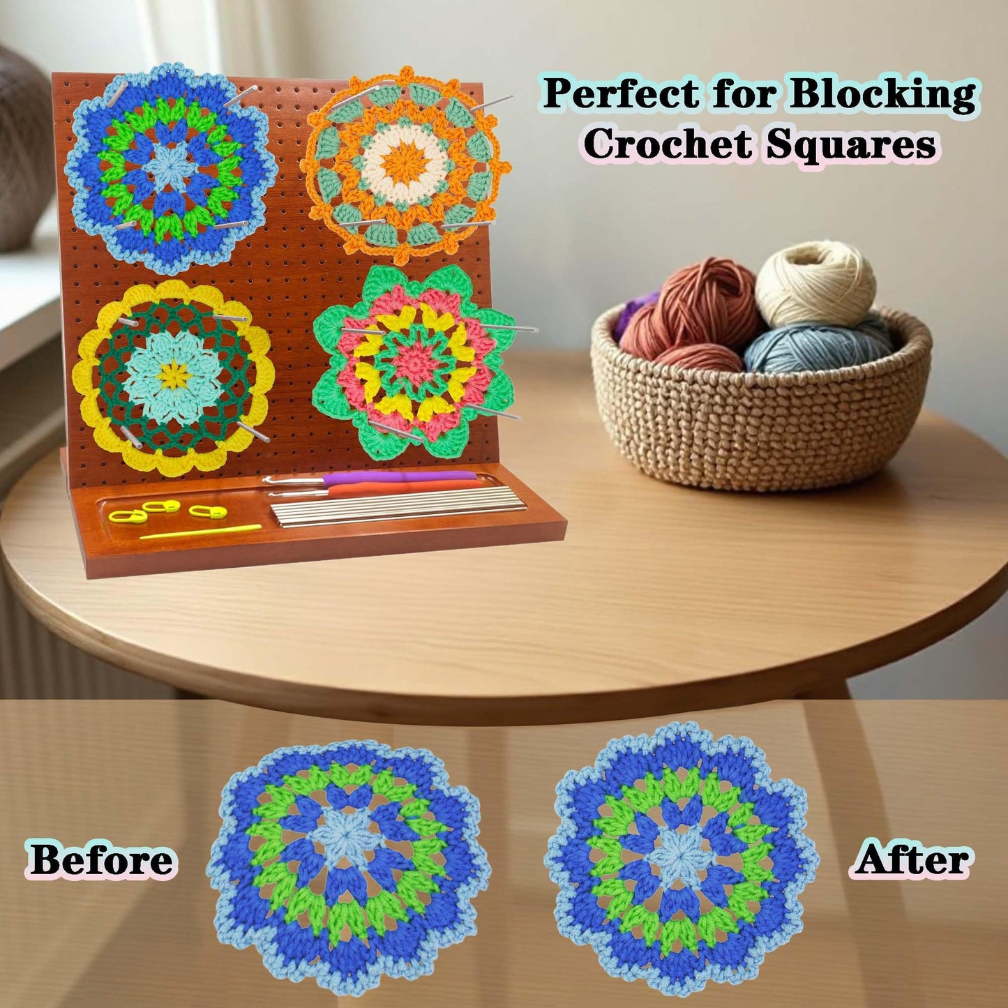 Velavow Granny Square Blocking Board 11" Crochet Blocking Board with 16 Pegs/Pins, Wooden Blocking Board for Crochet Projects, Ideal for Granny Squares, Gifts for Women, Moms, and Mothers