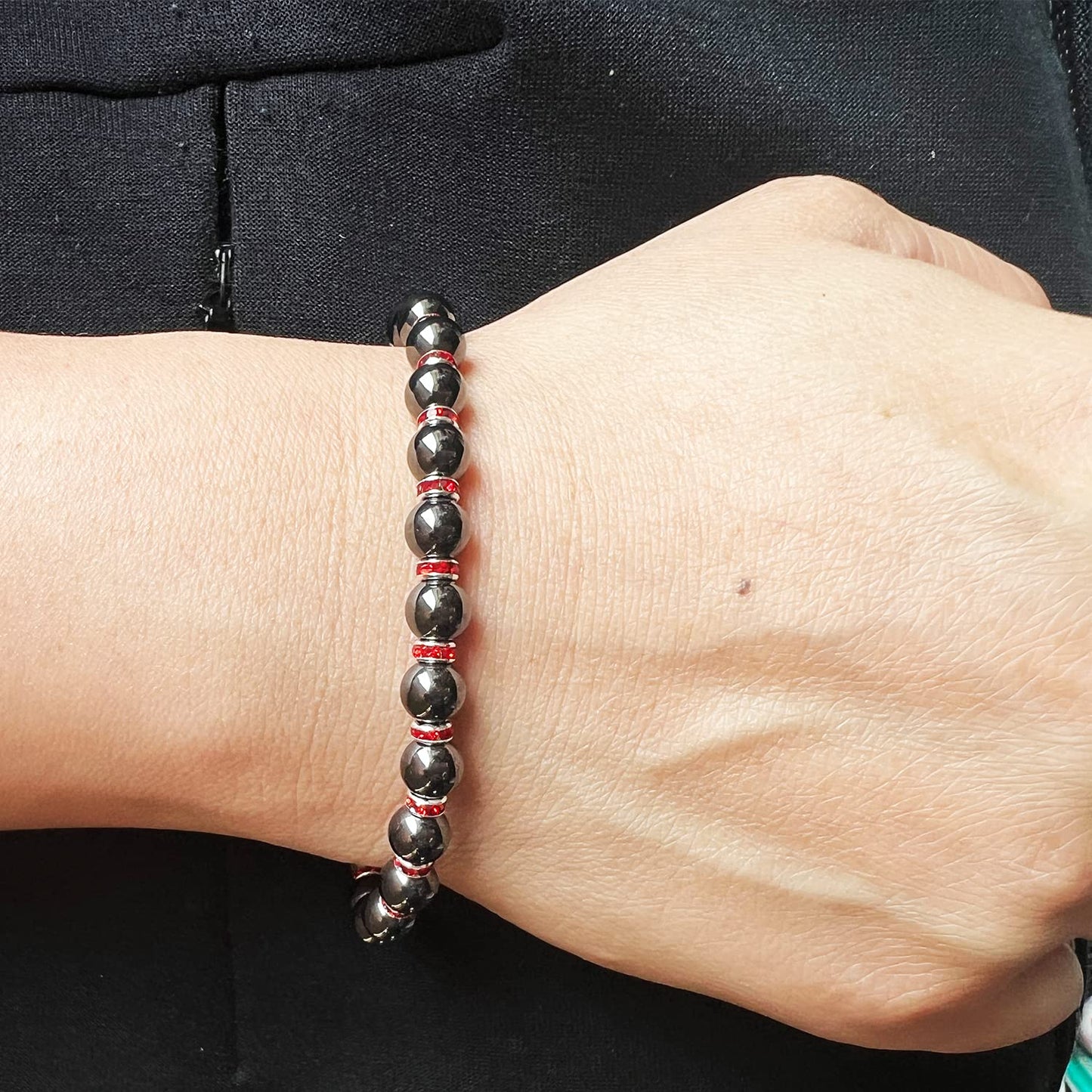 Apocalyptic-K Women's Magnetic Bracelet,Hematite Bracelets,Magnetic Bracelets With Zirconia,Handmade Stretch Bracelet,Eliminates static electricity. (Red Zirconia,6MM)