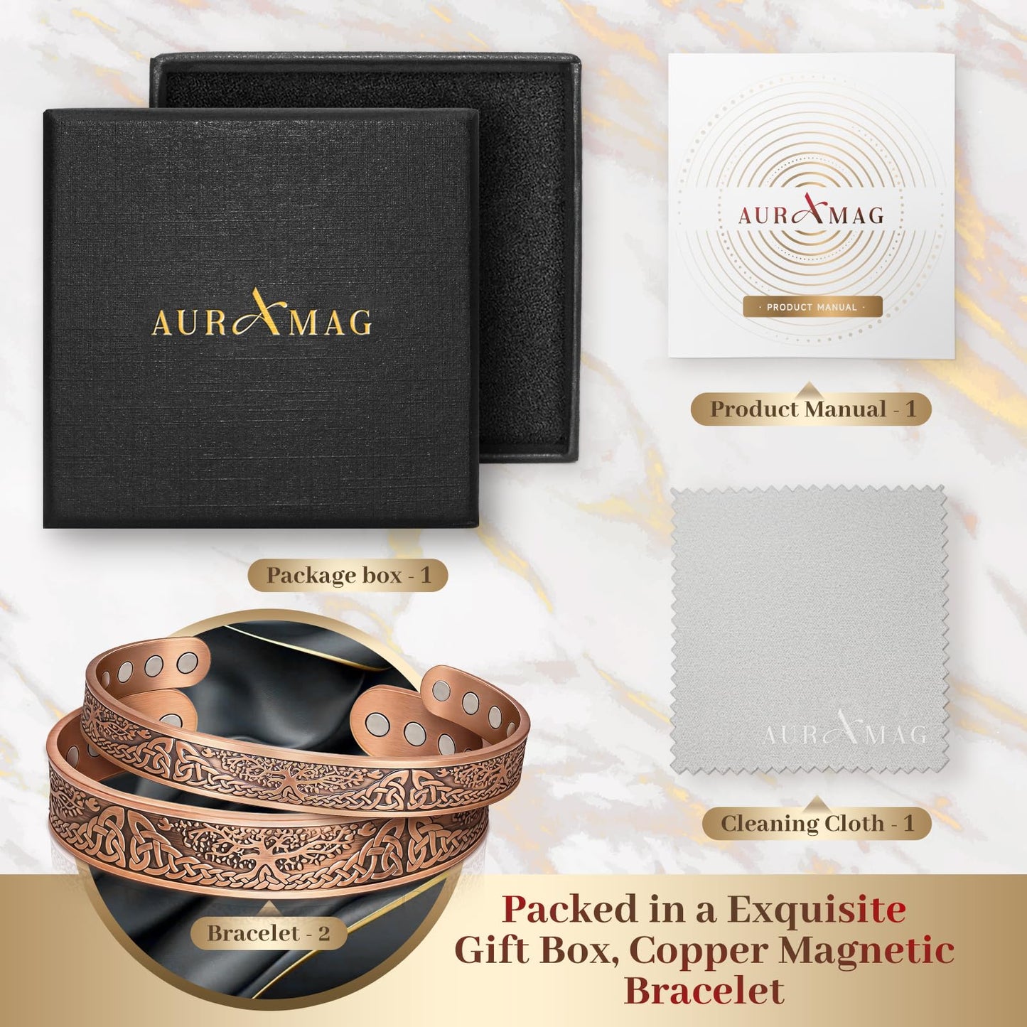 Auramag Bracelets for Men, 100% Pure Copper bracelets for women, Magnetic Bracelets with 3500 Gauss Effective Magnets, Adjustable Copper Jewelry Gift with Gift Box