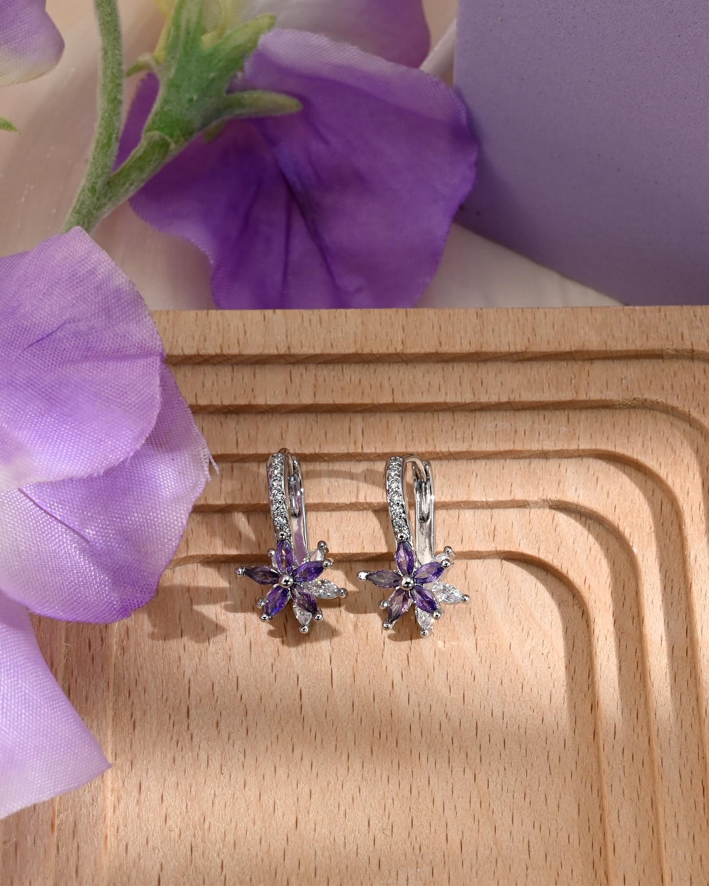 Watforsh 925 Sterling Silver Flower Earrings for Women Leverback Earrings with Purple Crystal Double Floral Hoops for February Amethyst Birthstone Jewelry