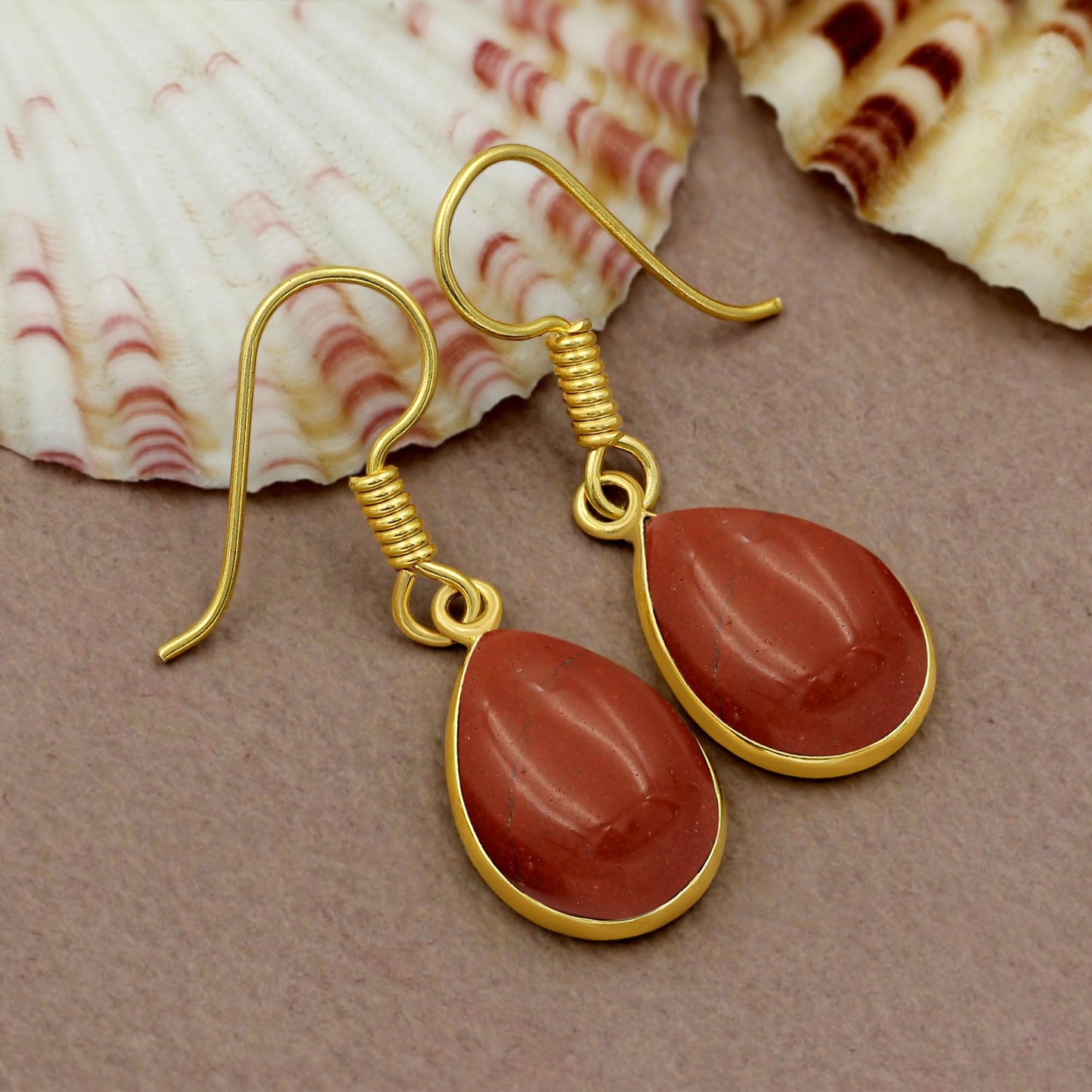 Natural Red Jasper 14K Yellow Gold Plated Dangle Earrings for Women - Red Gemstone Vintage Style Handmade Jewelry Statement Earrings - Gift for Her Mom Wife Sister