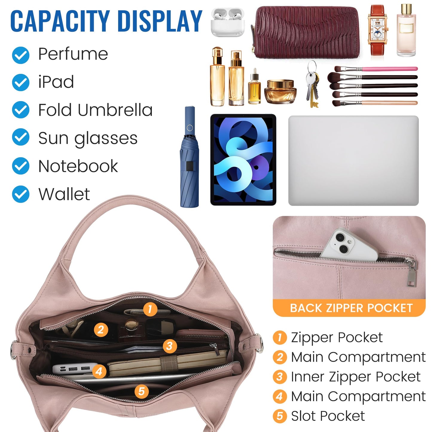 KOGTLA Vegan Leather Purses for Women with Detachable Satchel Strap, Ladies Handbags, Tote Hobo Bags with Top Handle Pink