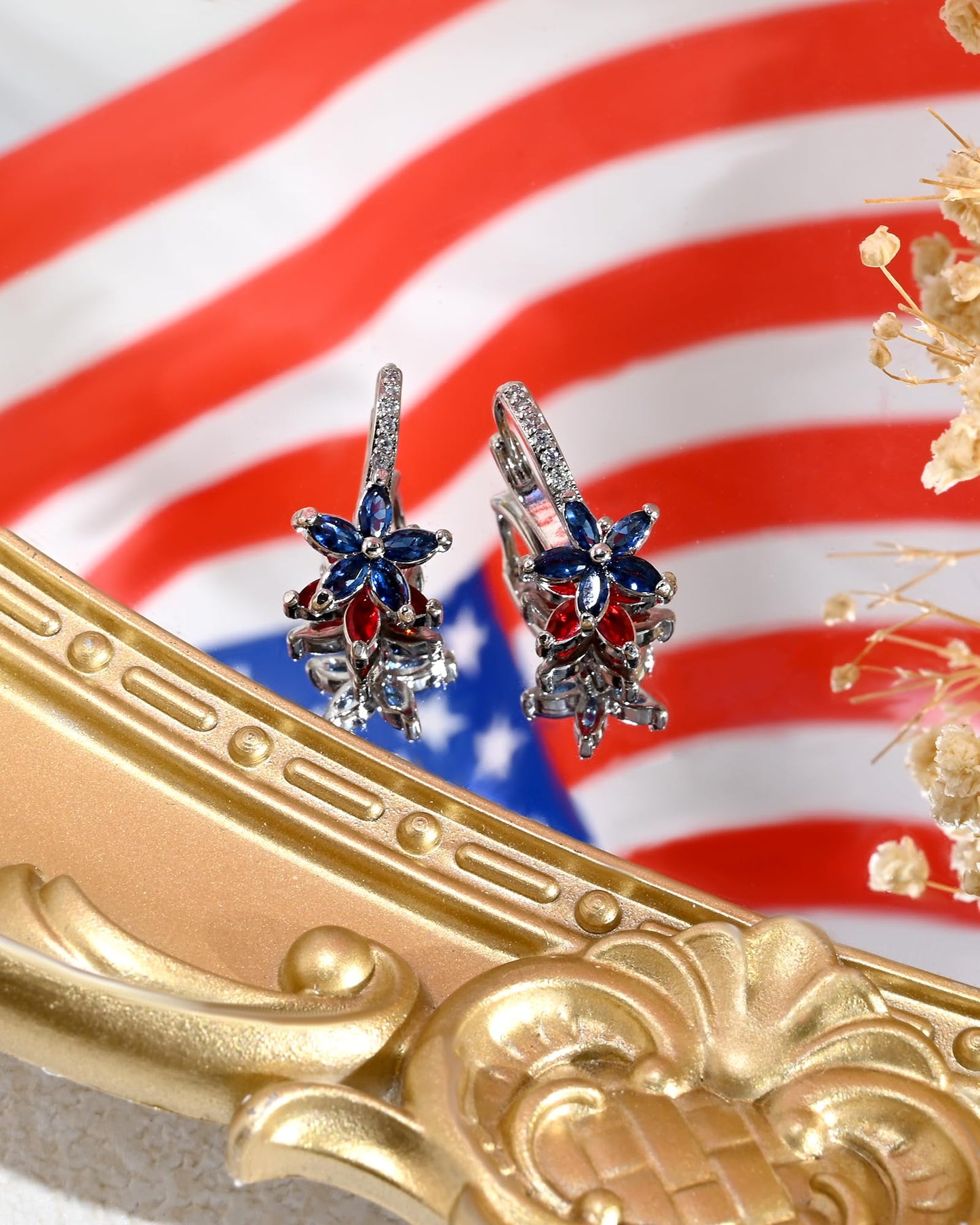 Watforsh 925 Sterling Silver Flower Earrings for Women Dangling Leverback Earrings with Red and Blue Crystal Double Floral