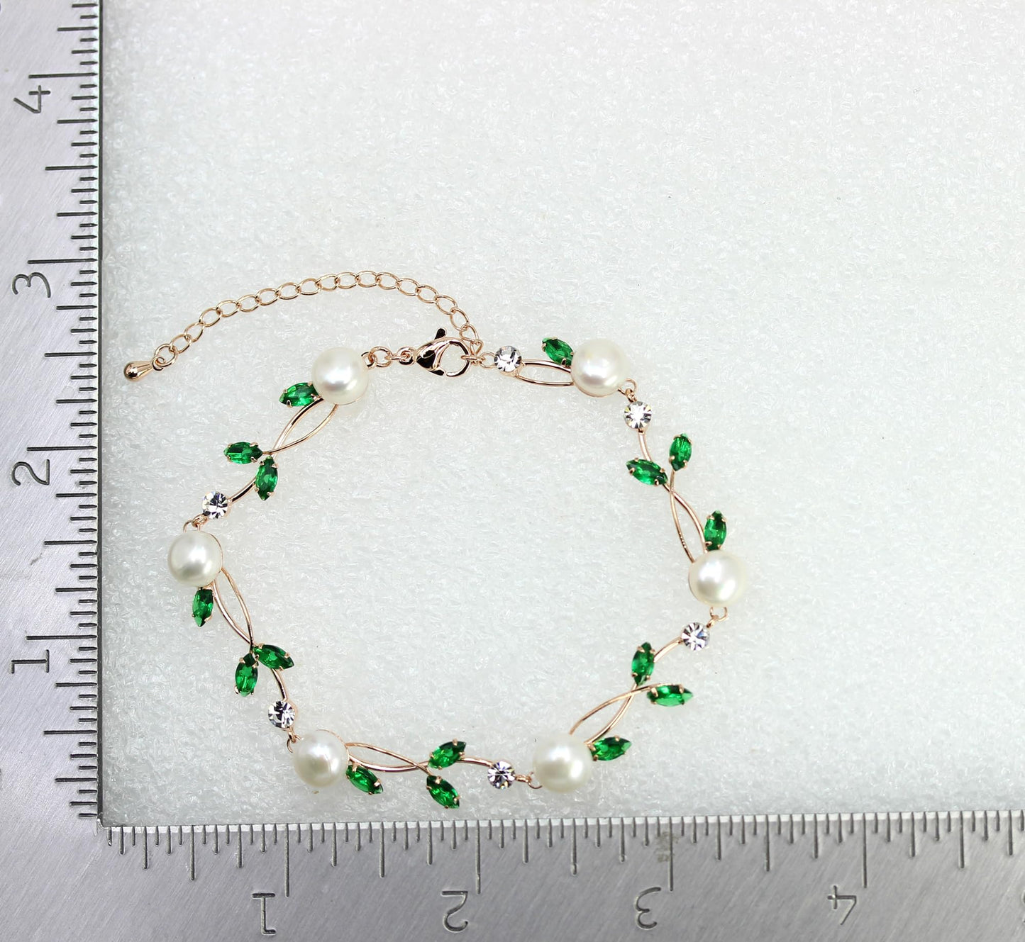 Faship Green CZ Crystal Genuine Freshwater Pearls Floral Bracelet 7.5" - 9.5" - Green/Rose Gold Plated/Matching Bracelet