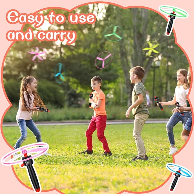 12 Pcs Flying Saucer Flying Disc Toy Helicopter Toy Disco Flyers Include 4 String Launchers and 8 Flying Saucer Flying Disc Launcher Flying Toys Little Teens Outdoor Activity Birthday Favors
