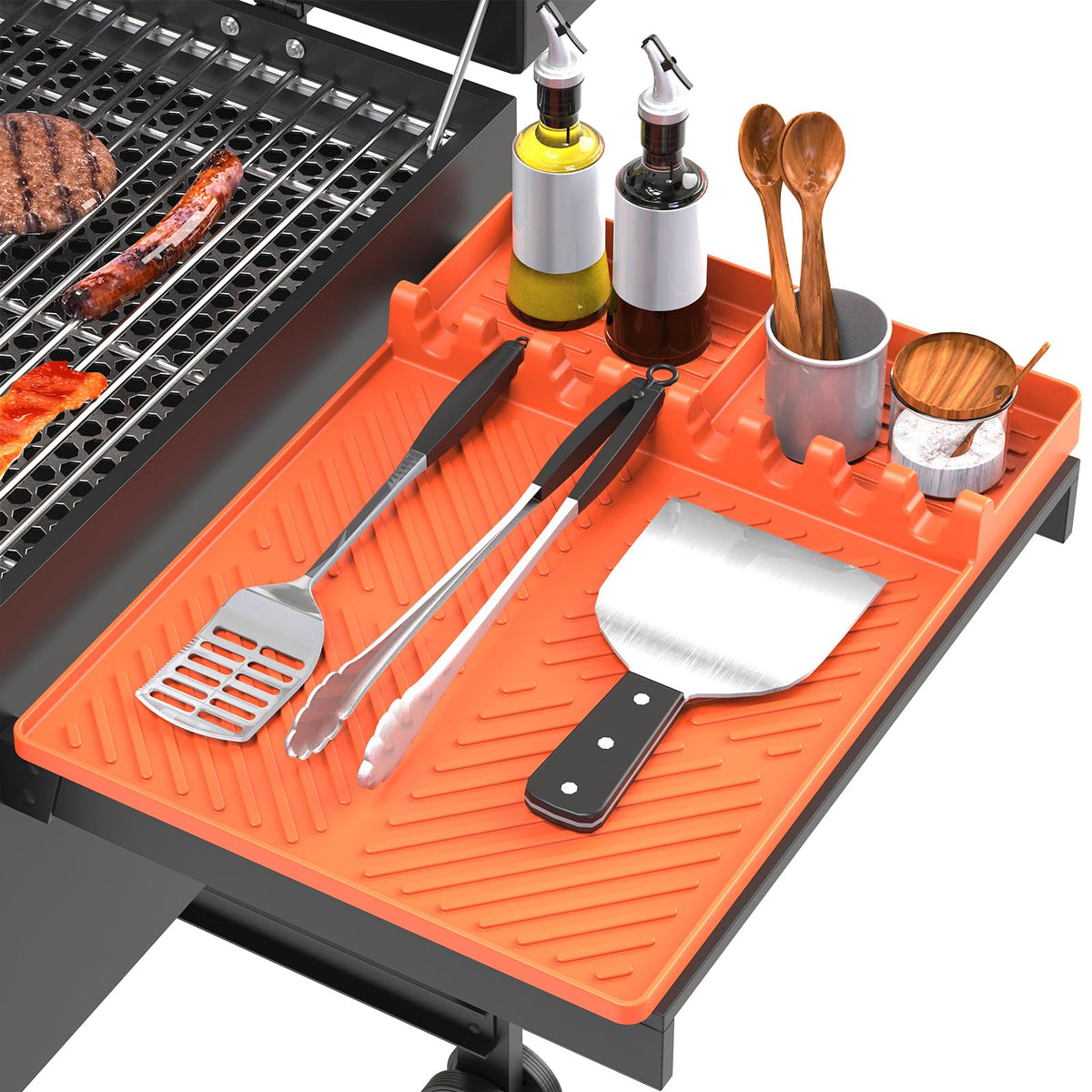 Silicone Grill Mat Compatible with Blackstone, BBQ Griddle Tools Mat with Drip Pad, Spatula Mat for Outdoor Kitchen Counter, Gifts for Men (Orange)