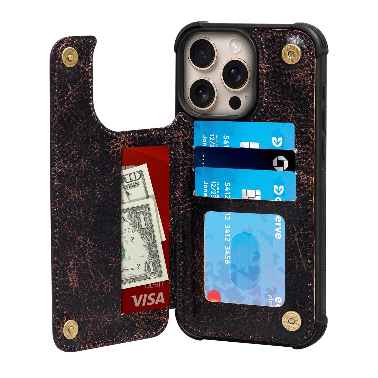 RMAWRAD Wallet Real Leather Case Compatible with iPhone 15 Pro Max 6.7",Genuine Leather,Shockproof, Anti-Fall Case, Flip Cover, with Card Slot, Double Magnetic Buckle, Kickstand, Coffee