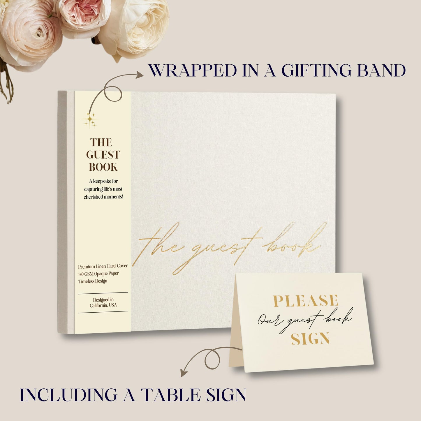 Paperell Wedding Guest Book – Guest Book for Wedding Reception with Linen Hardcover & Gold Foil Embossing – Unlined, No-Bleed Pages – Perfect Keepsake for Sign-Ins & Polaroids – Ivory