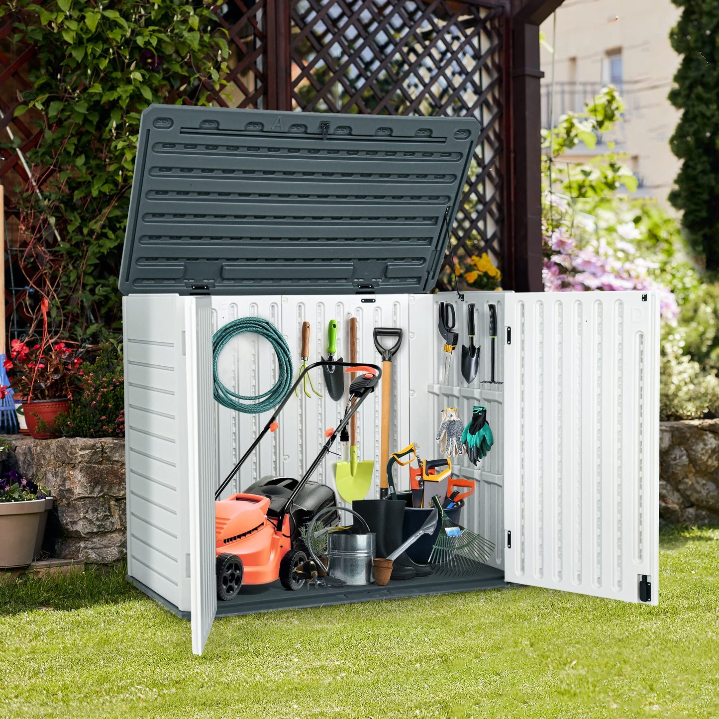 YITAHOME Outdoor Horizontal Storage Sheds w/o Shelf, 35 Cu Ft Lockable Resin Waterproof Shed, Ideal for Garden Tools, Easy to Assemble, Light Gray
