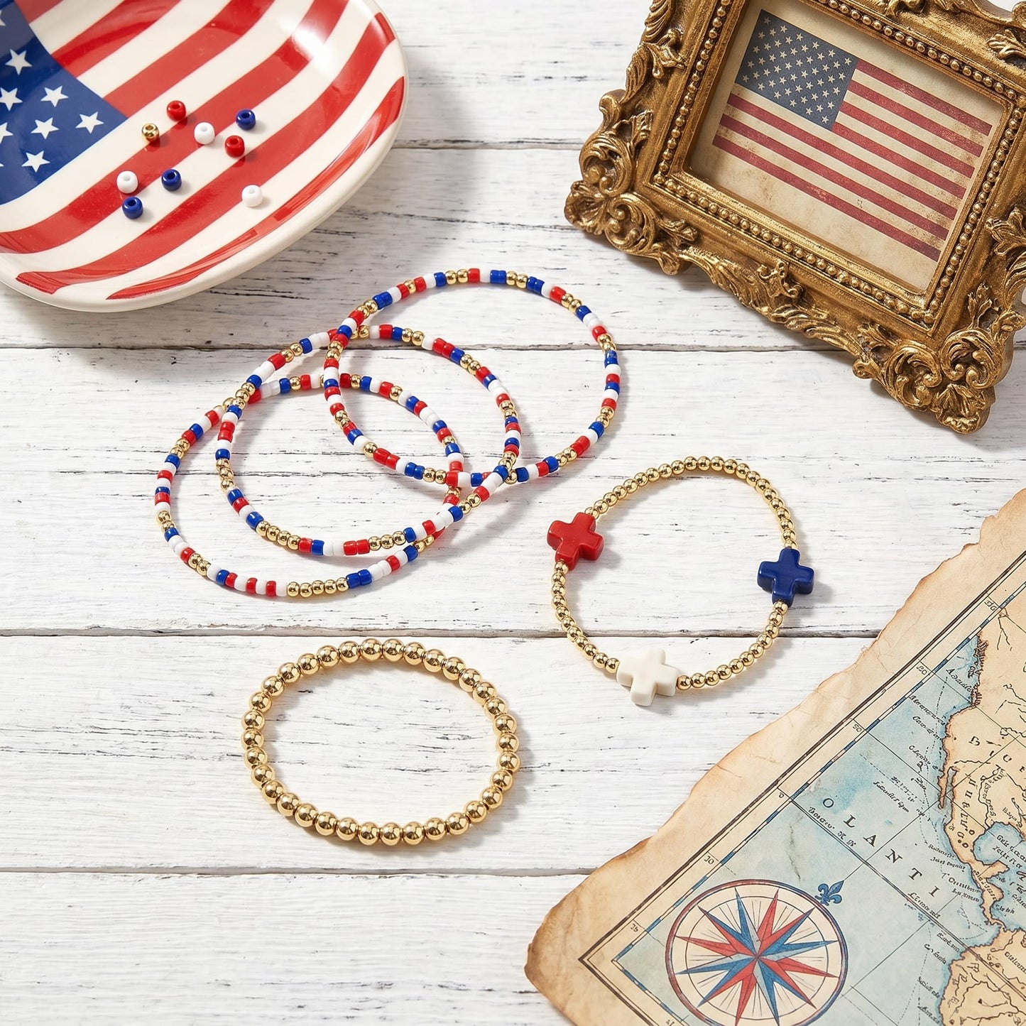 Bohxantium 4th of July Bracelet Stack for Women,Dainty Gold Beaded Cross Patriotic Bracelets Set,Elastic Red White Blue Tiny Beads Usa Bracelet,Trendy Fourth of July Independence Day Accessories Gifts