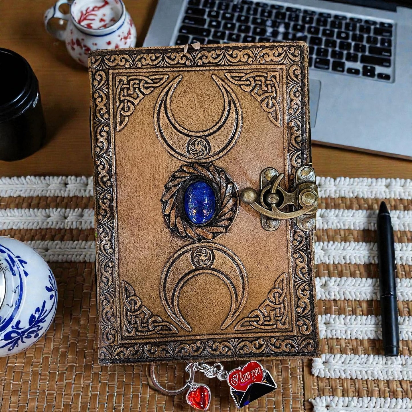 Old Leather Journal, junk notebook Lock Closure, Book of Shadows blank spells, Grimoire, Witch, Vintage 200 pages Antique Deckle Edge Paper Sketchbook and Travel Notebook Stone Moon journal 7x5