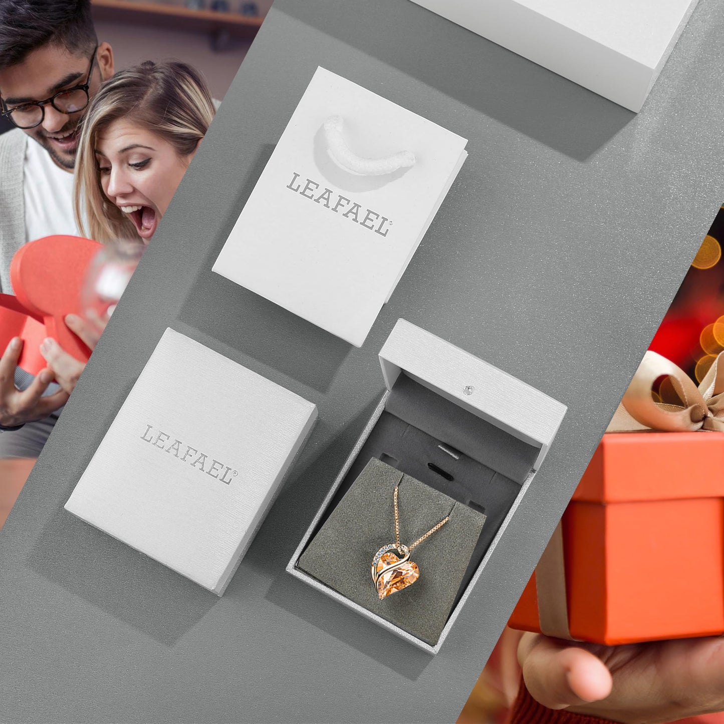 Leafael Gifts for Women Rose Gold Plated Necklaces: Heart Shaped Orange Healing Crystals, Cubic Zirconia, Hypoallergenic Chain (18"+2"), Jewelry for Anniversaries and Birthdays