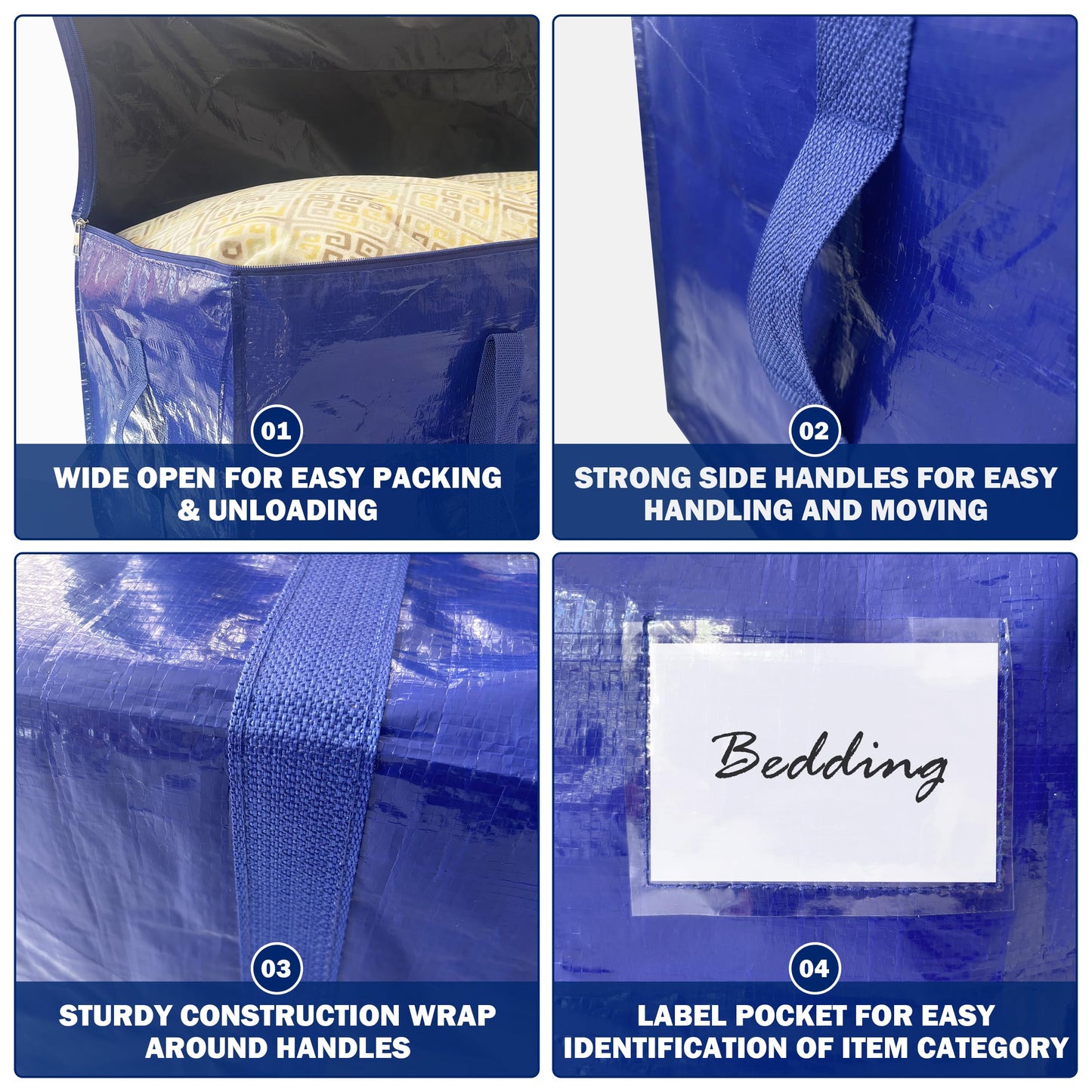 8 Pack Extra Heavy Duty Large Moving Bags with Strong Zipper & Carrying Handles, Sturdy Clothes Storage Bags Totes Bins, Packing Bag Move Boxes College Moving Supplies, Dark Blue - 24 gal