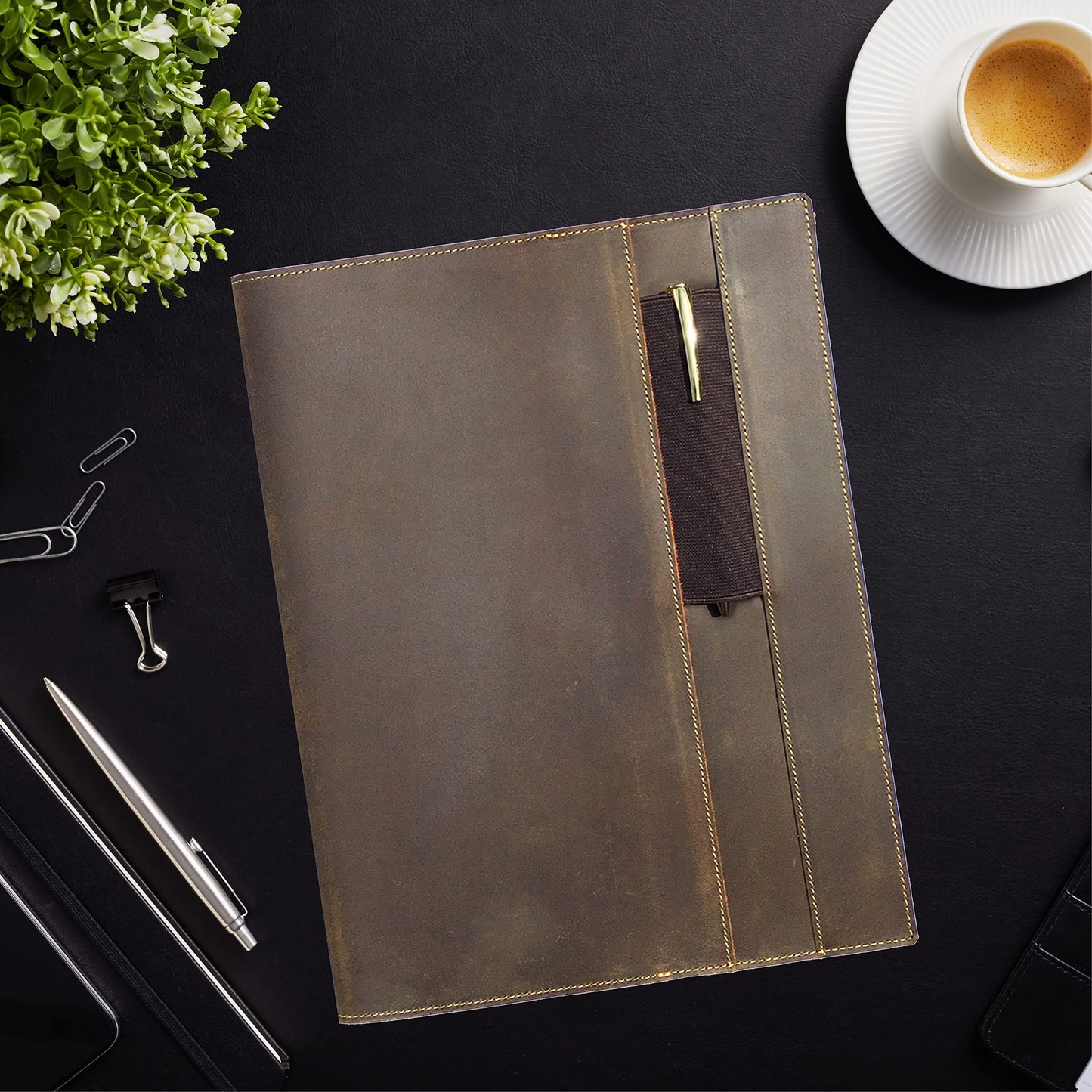 Leather Refillable Journal Cover for Men and Women, Handmade Gift Set for Moleskine Cahier XXL with Stylish Pen and Card Holder, Vintage Classic Notebook, Sketchbook, Planner and Diary (11.6x18.5")