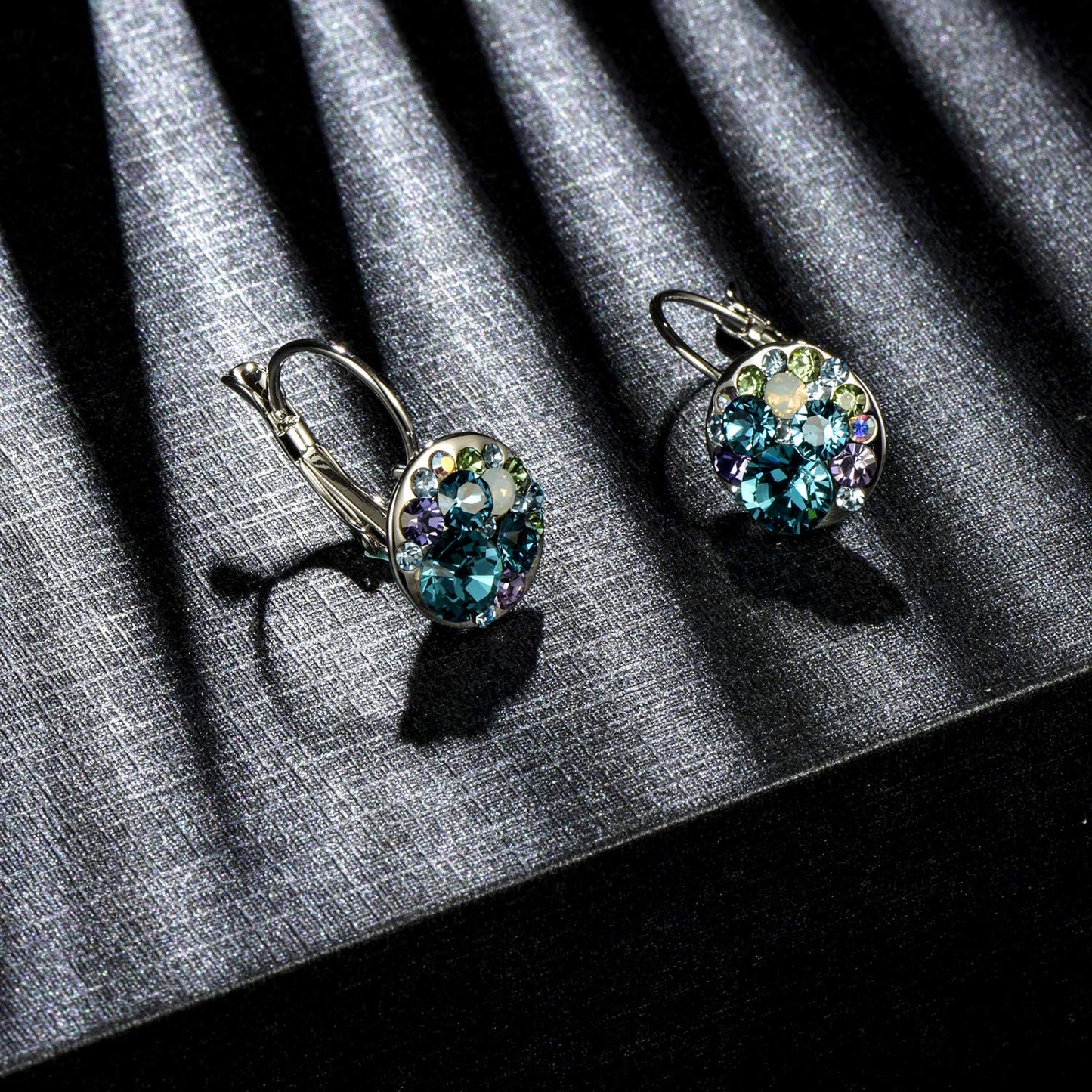 Multicolored Austrian Crystal Leverback Earrings for Women 14K Gold Plated Dangle Hoop Earrings (Blue Green Crystals/Silver-tone)