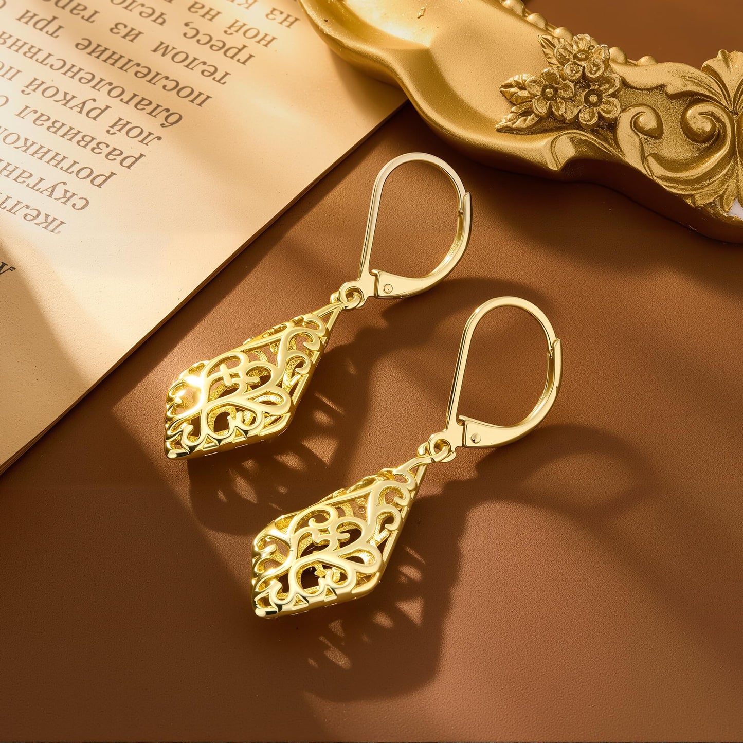 14K Gold Dangle Earrings for Women, Geometric Filigree Dangling Leverback Earrings, Gold Hypoallergenic Lightweight Dangly Drop Earings for Women Trendy Jewelry Gifts
