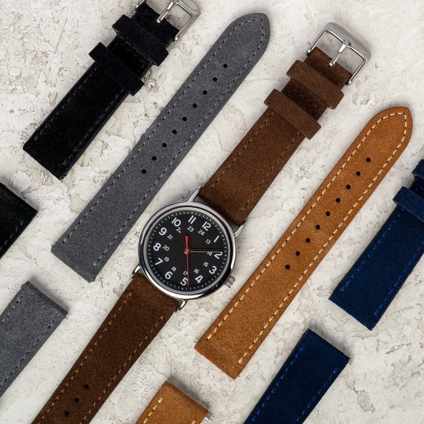 Benchmark Suede 18mm Leather Watch Band – 18mm Quick Release Watch Band with Stainless-Steel Buckle & 9 Adjustable Holes – Black Leather Watch Bands for Men & Women (18mm, Black)