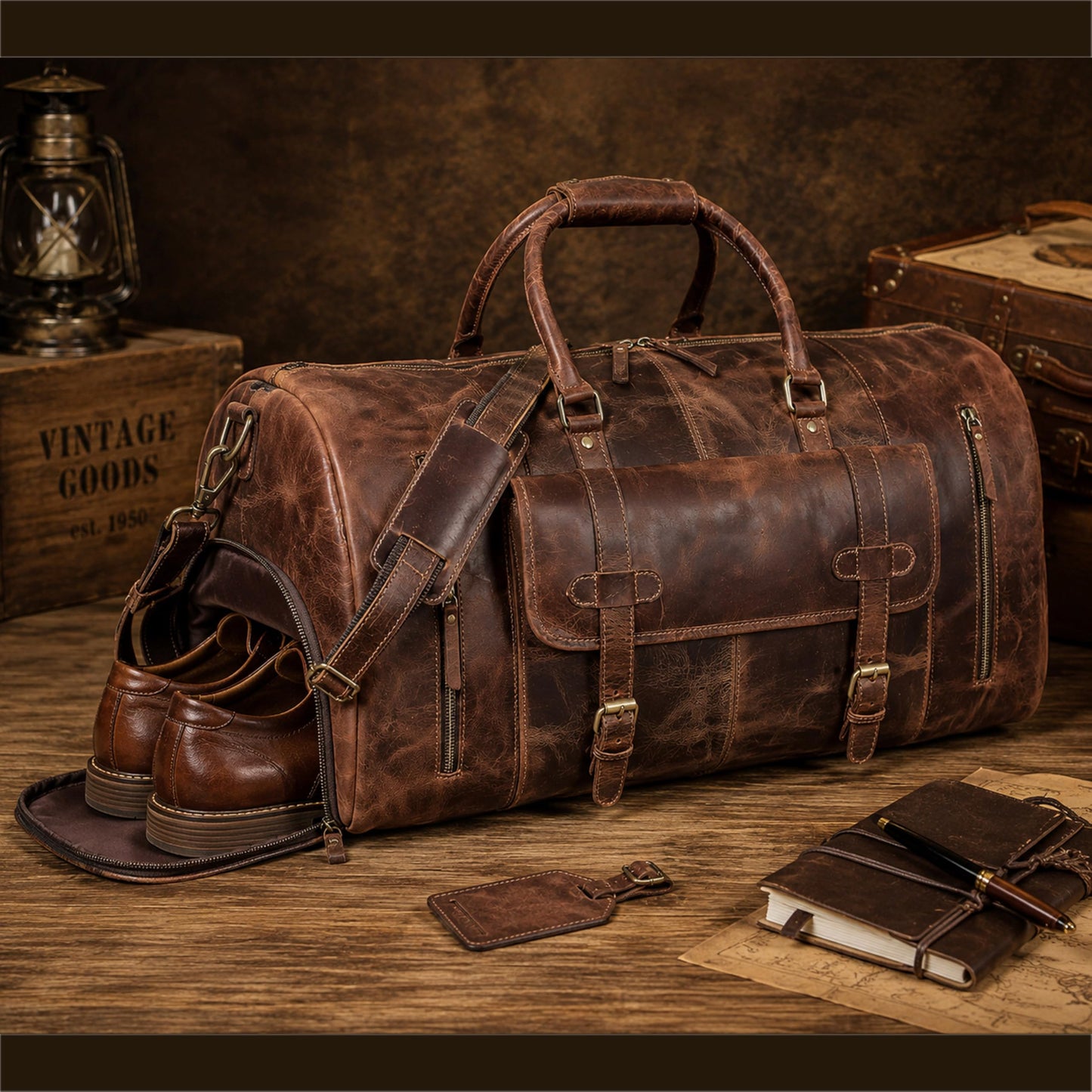Cureo 24 Inch Genuine Leather Duffle Bag for Men and Women Travel Overnight Weekender Sports Gym Carry on Luggage