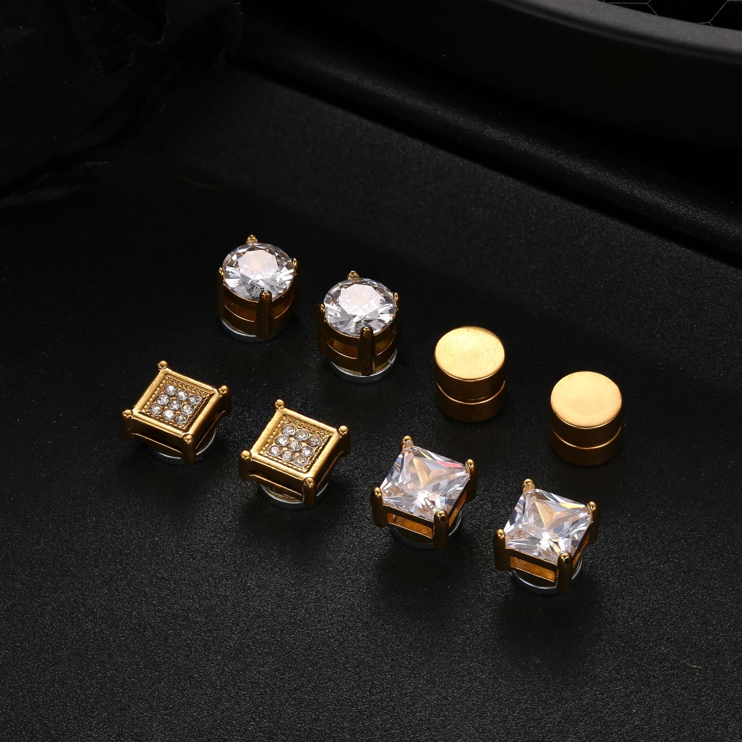 Jstyle 4 Pairs Stainless Steel Magnetic Stud Earrings for Men Women Gold CZ Non-Piercing Clip On Stud Earrings Set 7 MM