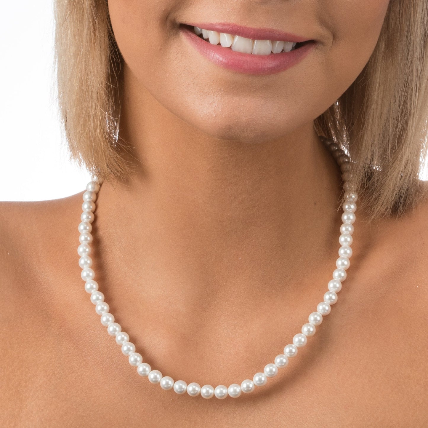 PAVOI 925 Sterling Silver Round White Simulated Shell Pearl Necklace Strand | Pearl Choker Necklace | Jewelry for Women - 18" Princess Length (6mm)