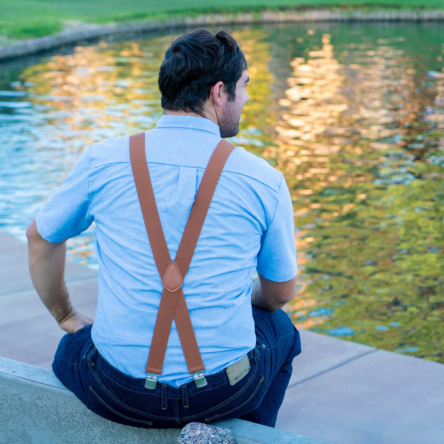 Bioterti Men’s Heavy Duty X- Back Suspenders-Adjustable Size, Long & Elastic Braces (Light Blue)