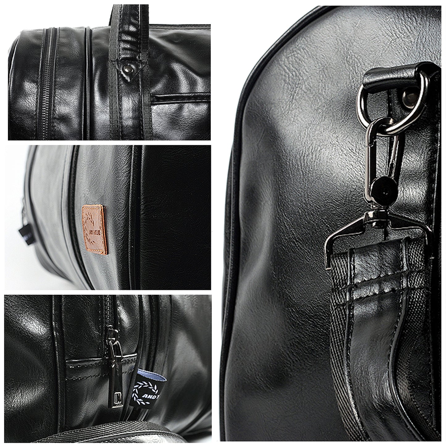 Leather Travel Bag with Shoe Pouch, Waterproof Weekender Overnight Bag, Carry On Duffel Bag for Men Women-Black