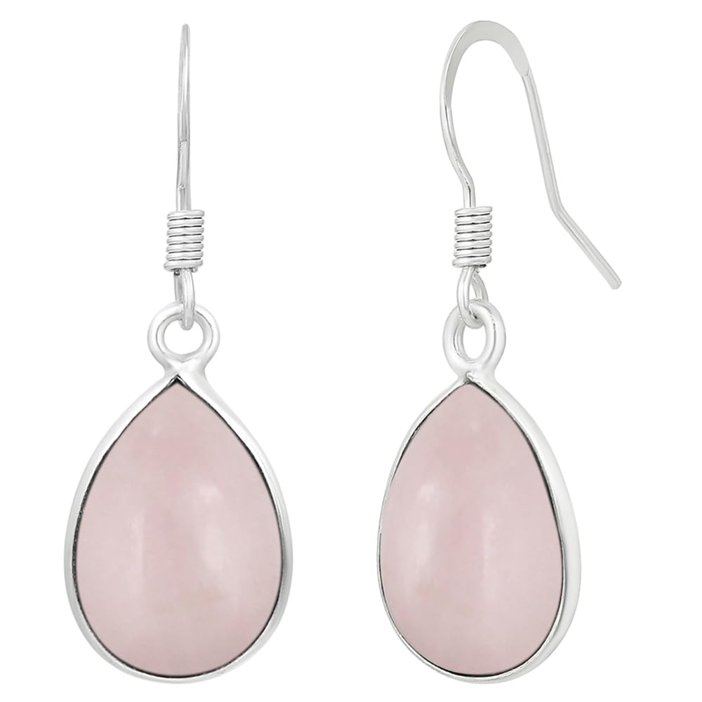 Natural Rose Quartz Sterling Silver Plated Dangle Earrings for Women - Pink Gemstone Teardrop Shape January Birthstone Handmade Drop Earrings Jewelry - Valentine's Day Gifts for Love