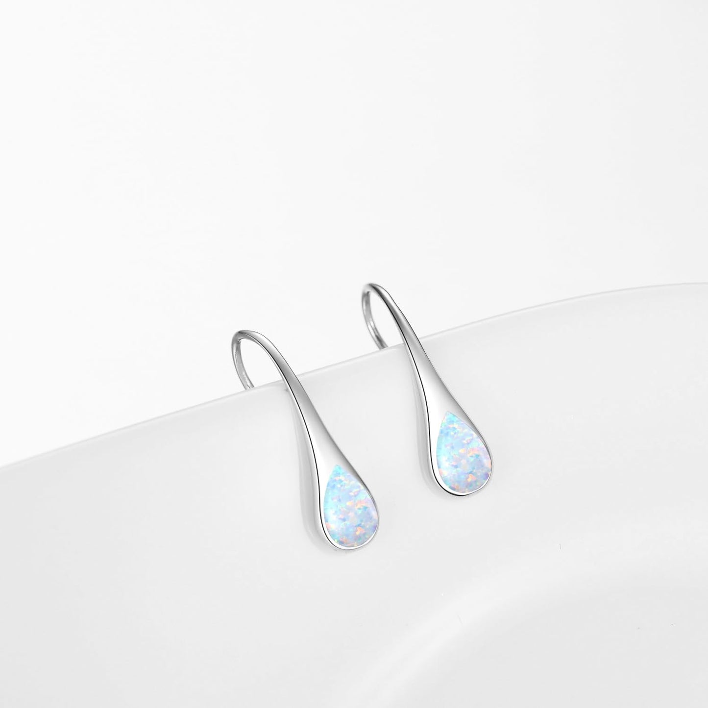 925 Sterling Silver Pear-Shaped Hook Earrings with Simulated White Opal, Teardrop October Birthstone Jewelry Gifts for Women Wife Mom