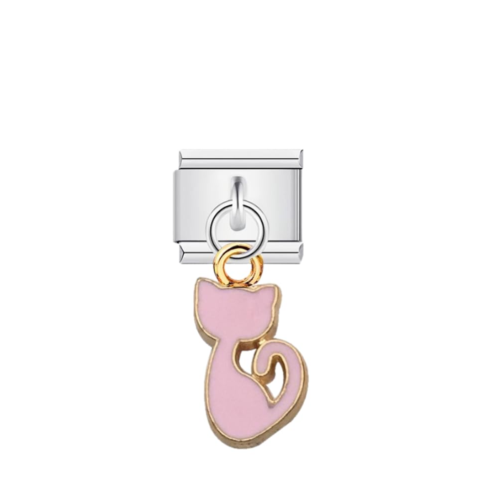 Jukoclut 9mm Italian Style Modular Charm Bracelet Link Handmade DIY Stainless Steel Jewelry Gifts for Women (Pink Cat)