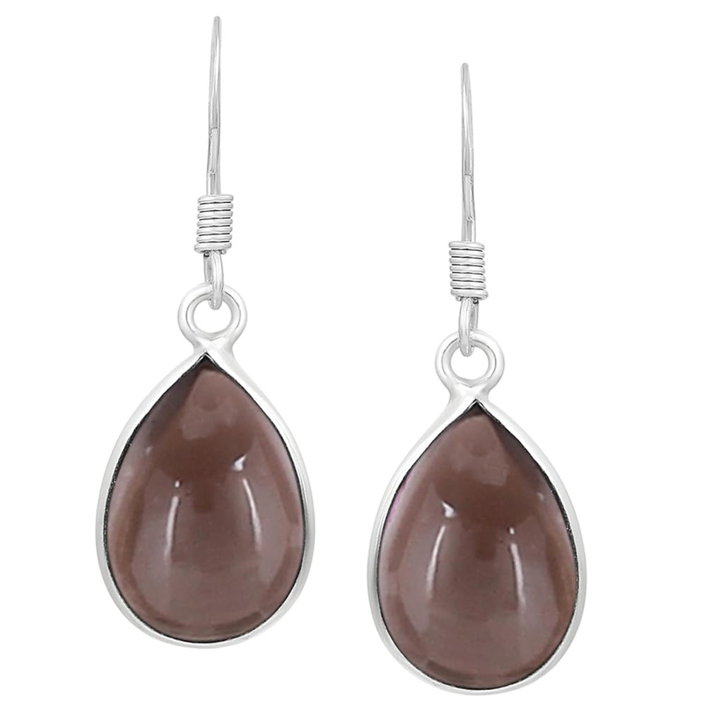 Natural Smoky Quartz Sterling Silver Plated Dangle Earrings for Women - Brown Gemstone Teardrop Shape November Birthstone Handmade Drop Earrings Jewelry - Gift for Her