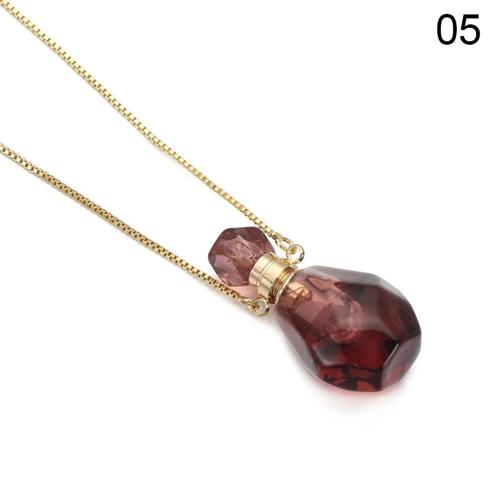 14K Yellow Gold Natural Stone Vial Necklace For Women - Glass Pendant Water Drop Jar Perfume Jewelry - Container For Liquid Oil Diffuser