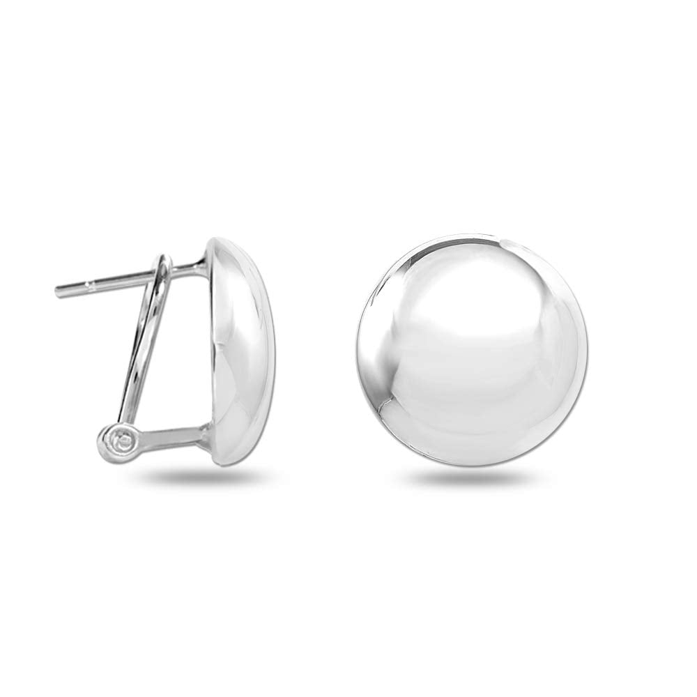 LeCalla 925 Sterling Silver Omega Back Earrings Jewelry Large Italian Design Round Dome Button Omega-Clip Back Stud Earring for Women 16 MM