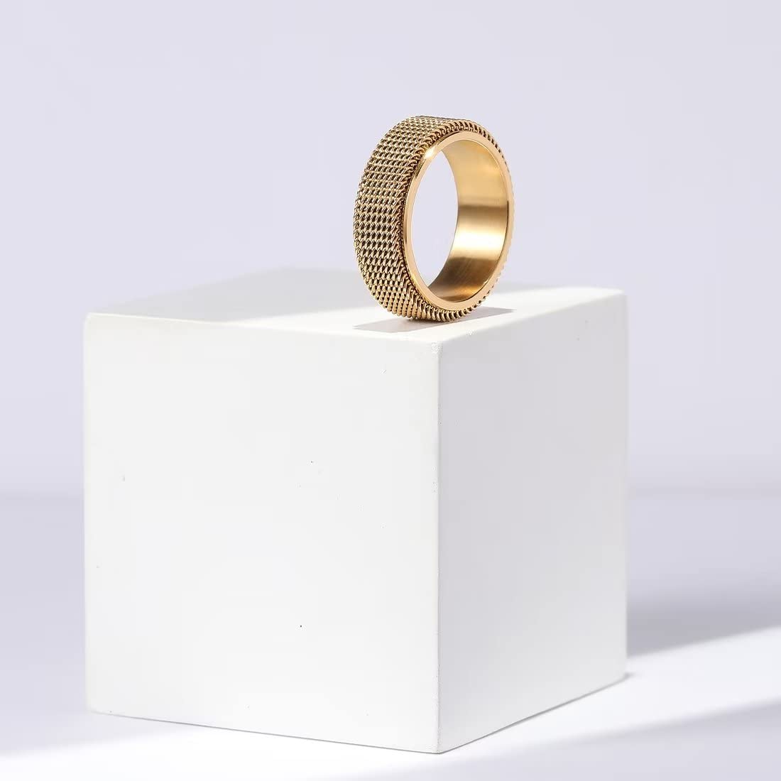 King Will Gold 8mm Stainless Steel Chain Mesh Simple Plain Spinner Anxiety Ring for Women Men Wedding Band Ring Fidget Ring Mesh Chain Woven Mesh 12