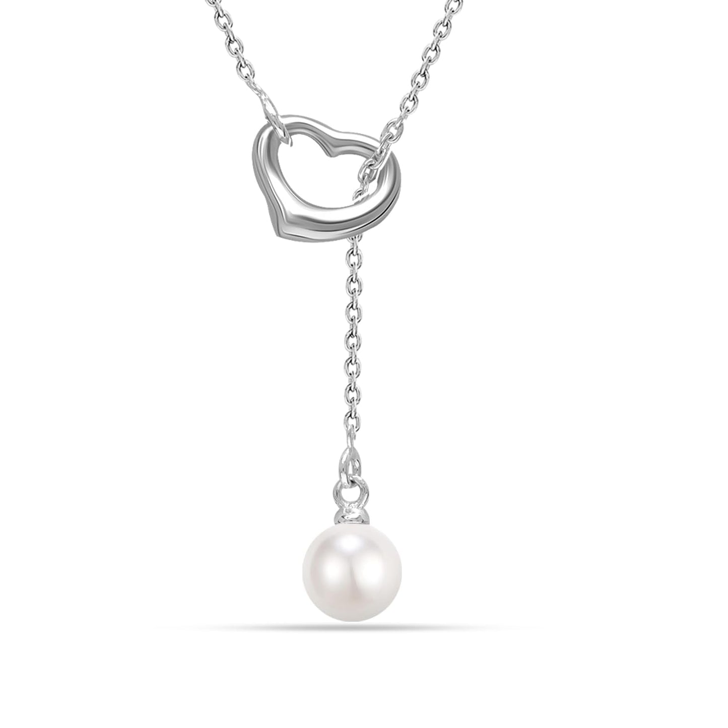 LeCalla 925 Sterling Silver Freshwater Pearl Heart Pendant Necklace Open Heart Lariat Necklace Pendant with Cable Chain for Women 24 Inches