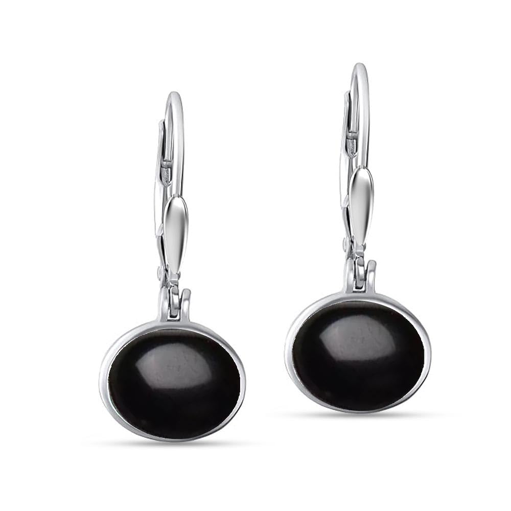 LeCalla 925 Sterling Silver Leverback Earrings for Women | Bezel-Set Black Onyx Oval Gemstone Drop Earrings | Women’s Gemstone Faceted Earrings 23MM