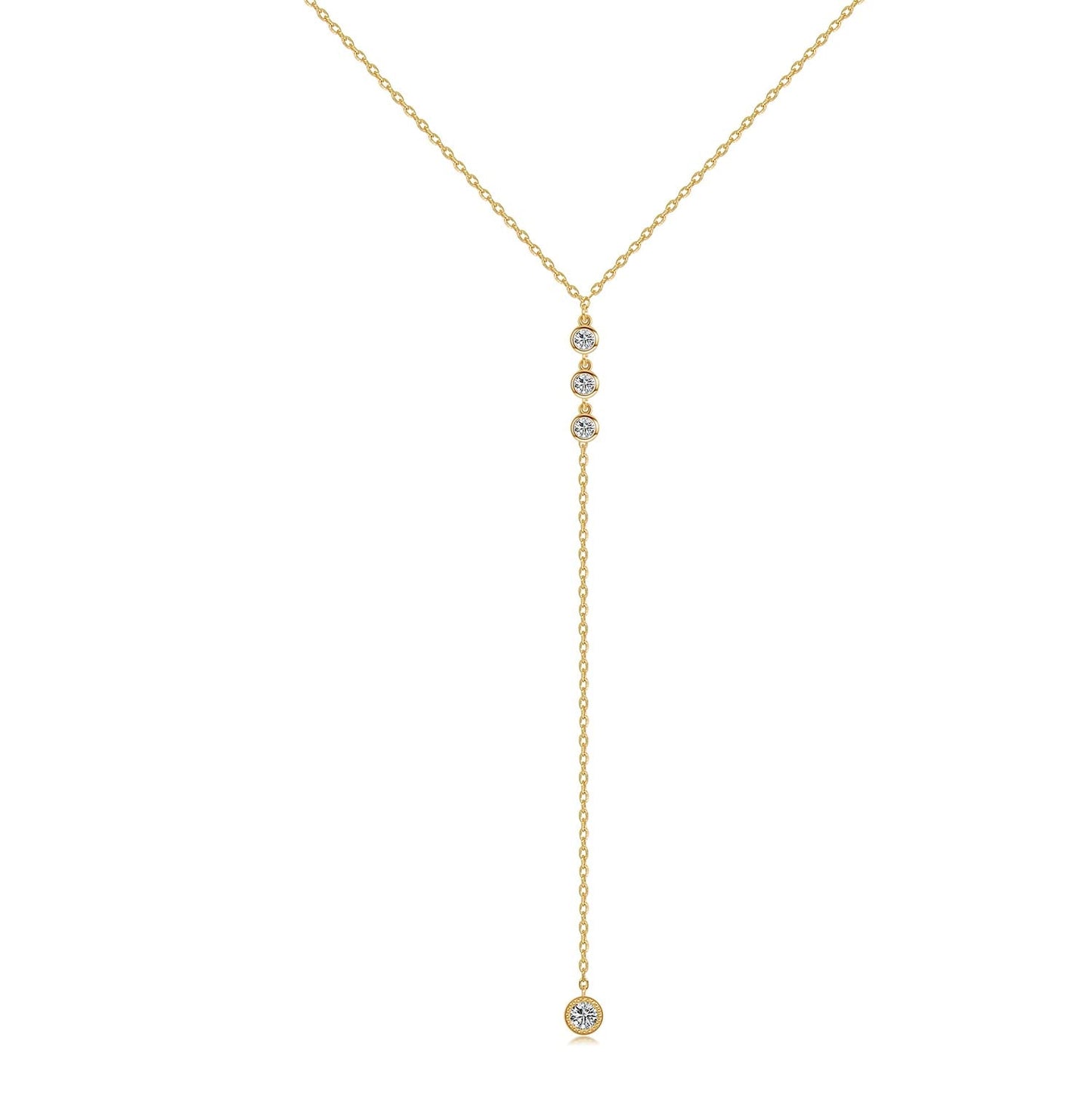 Metzakka Handmade Sterling Silver Lariat Necklace, Simulated Diamond Dainty Drop Y Chain Necklace for Women (Round diamonds-Gold)
