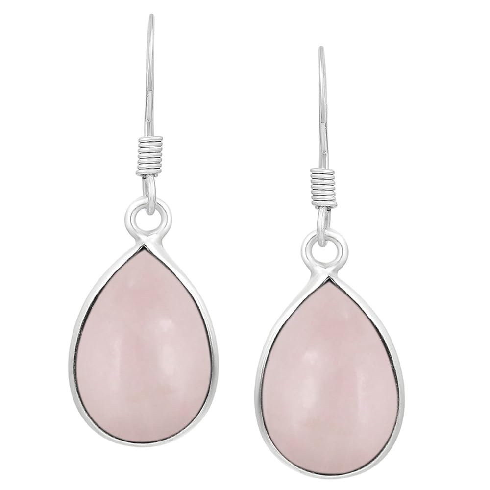 Natural Rose Quartz Sterling Silver Plated Dangle Earrings for Women - Pink Gemstone Teardrop Shape January Birthstone Handmade Drop Earrings Jewelry - Valentine's Day Gifts for Love