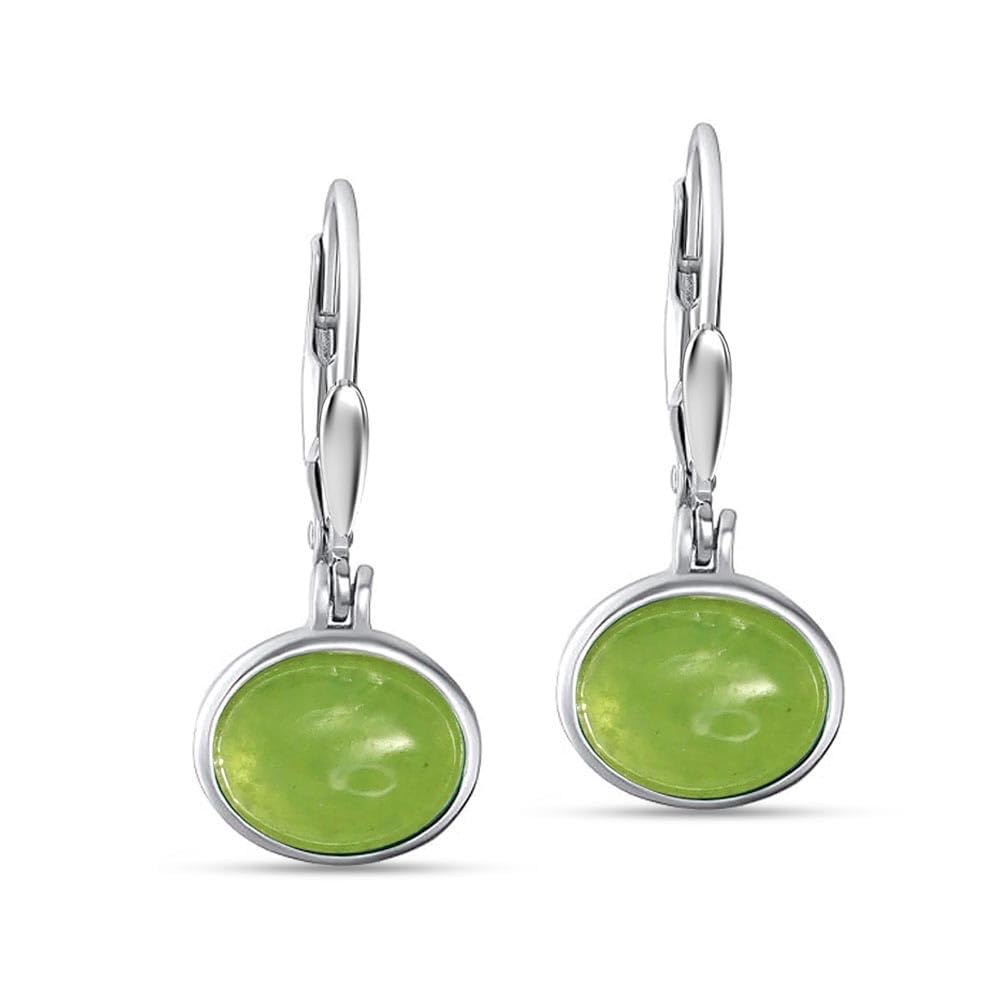 LeCalla 925 Sterling Silver Bezel-Set Leverback Earrings | Green Jade Oval Gemstone Drop Earrings for Women 23MM