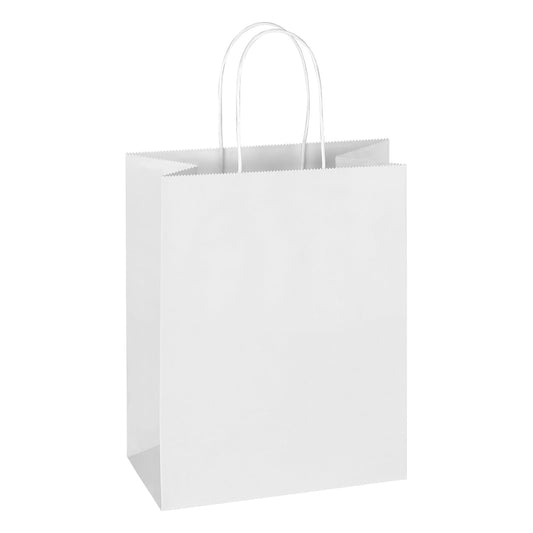Mlyta 200 Pack 8x4.75x10 Inch Medium White Kraft Paper Gift Bags with Handles Bulk for Goodie, Party Favor Brithday Grocery Shopping Business Wedding Retail Craft Treat To Go Return, Merchandise Sacks