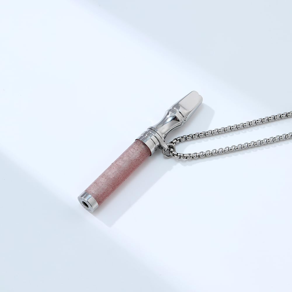 Anxiety Breathing Necklace Meditation Natural Crystal & Stone Breathe Necklace Stainless Steel Quit Vaping tools Mindfulness Pendant Stress Relief & Natural Calm (Strawberry Crystal)