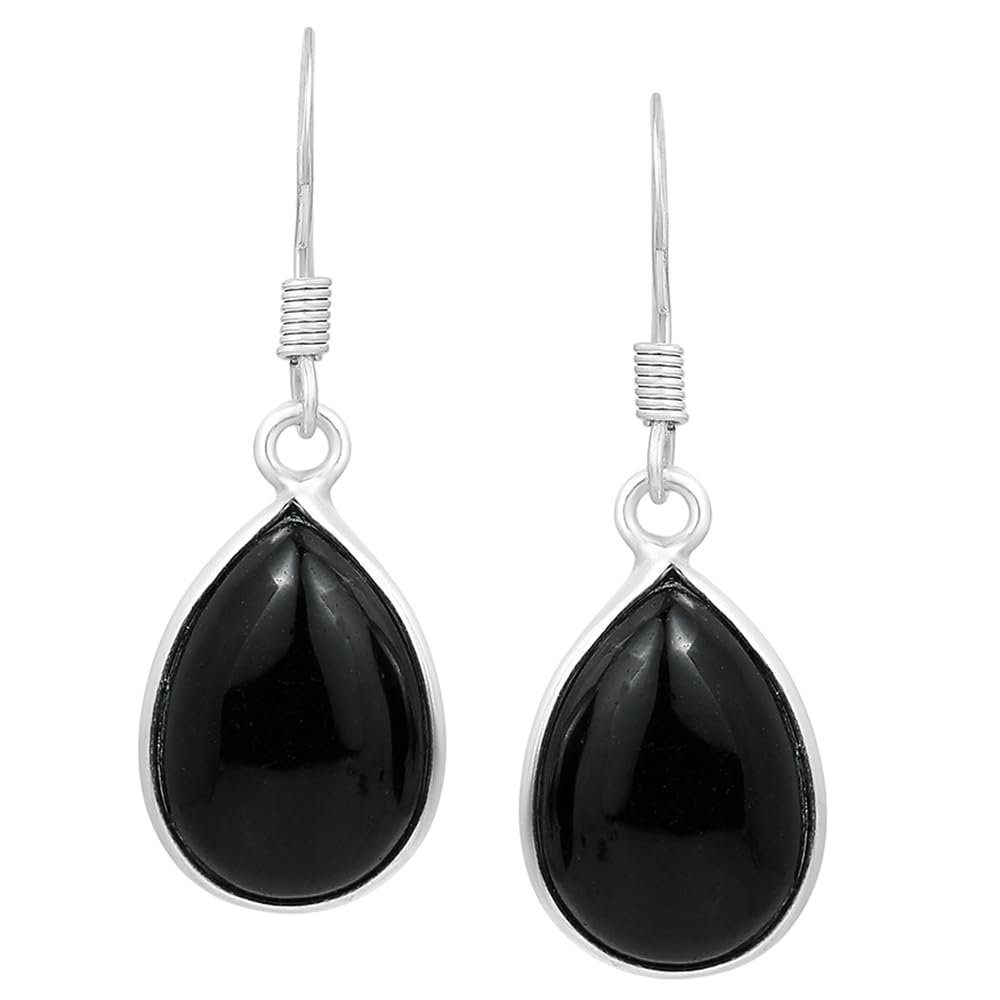 Natural Black Onyx Sterling Silver Plated Dangle Earrings for Women - Black Gemstone Teardrop Shape July Birthstone Dangle & Drop Handmade Earrings - Women's Day Gifts for Her