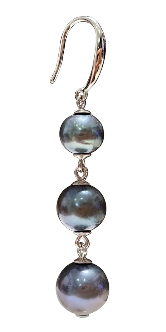Alevel Long Tassel 925 Sterling Silver Ear Hook, Natural Freshwater Cultured Pearl Earrings, 7-9mm Round Dyed Black Pearls